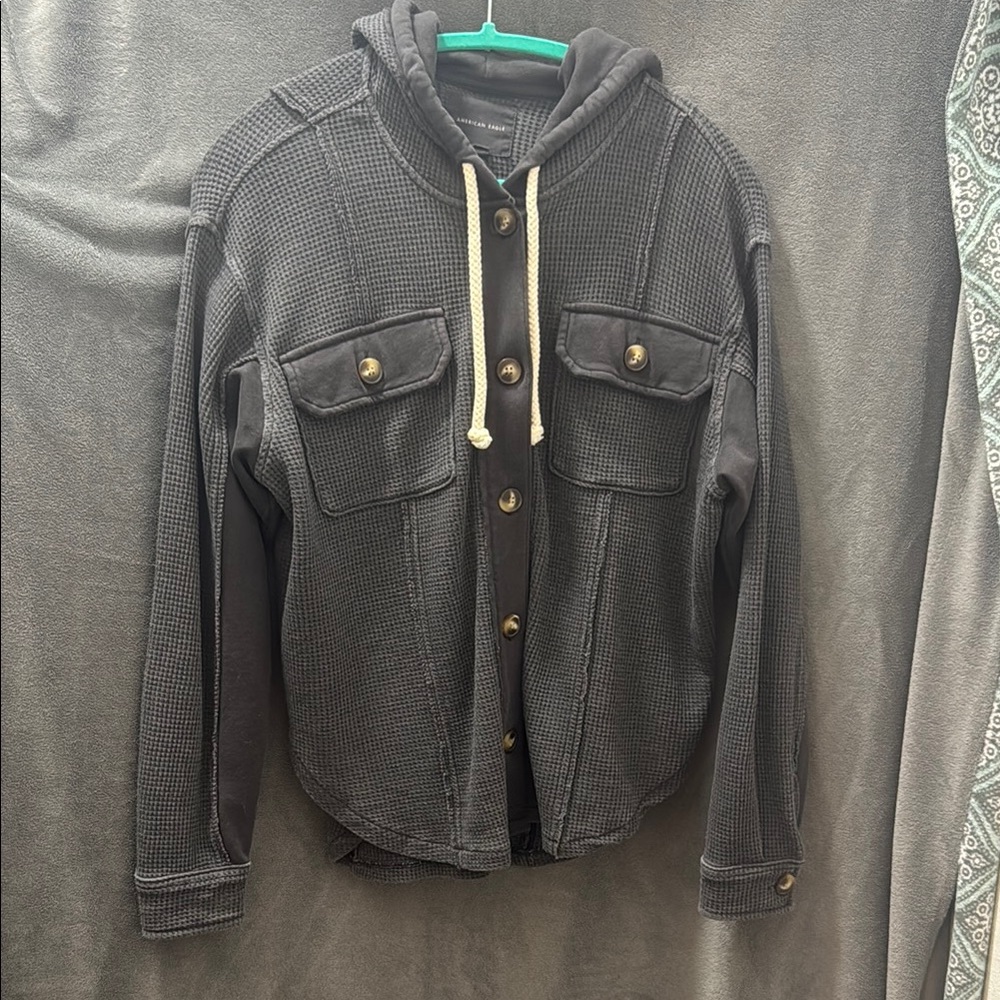 American Eagle Grey Oversized Hooded Shacket (XS)